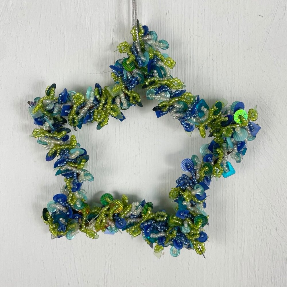 Christmas Ornament Star Fancy Blue Green Sequin Beaded Large Tree Decoration